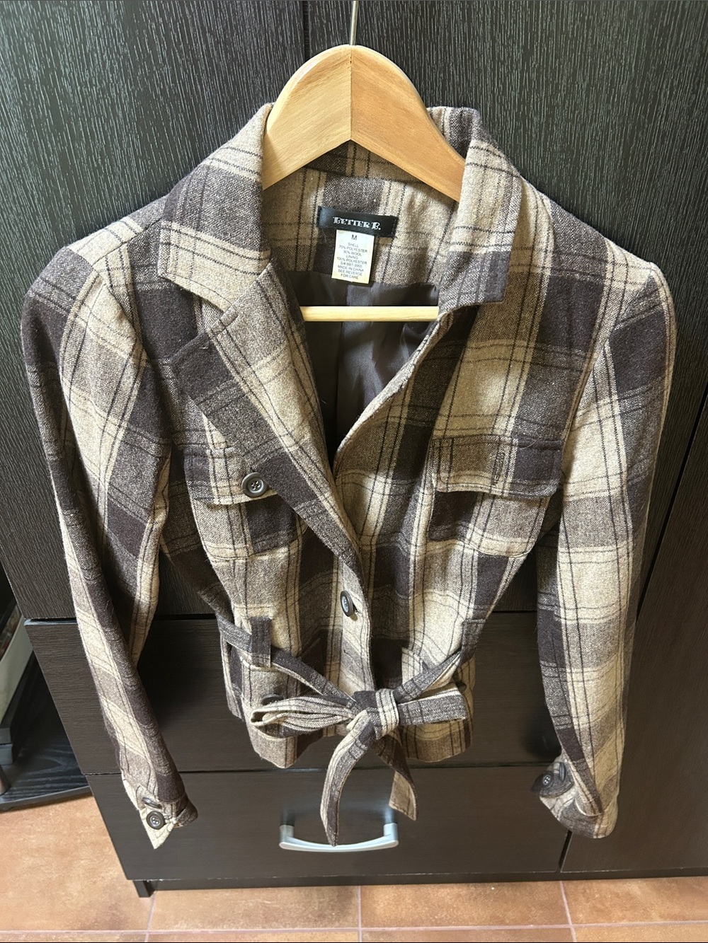 Better Be Brown and Cream Plaid Belted Blazer